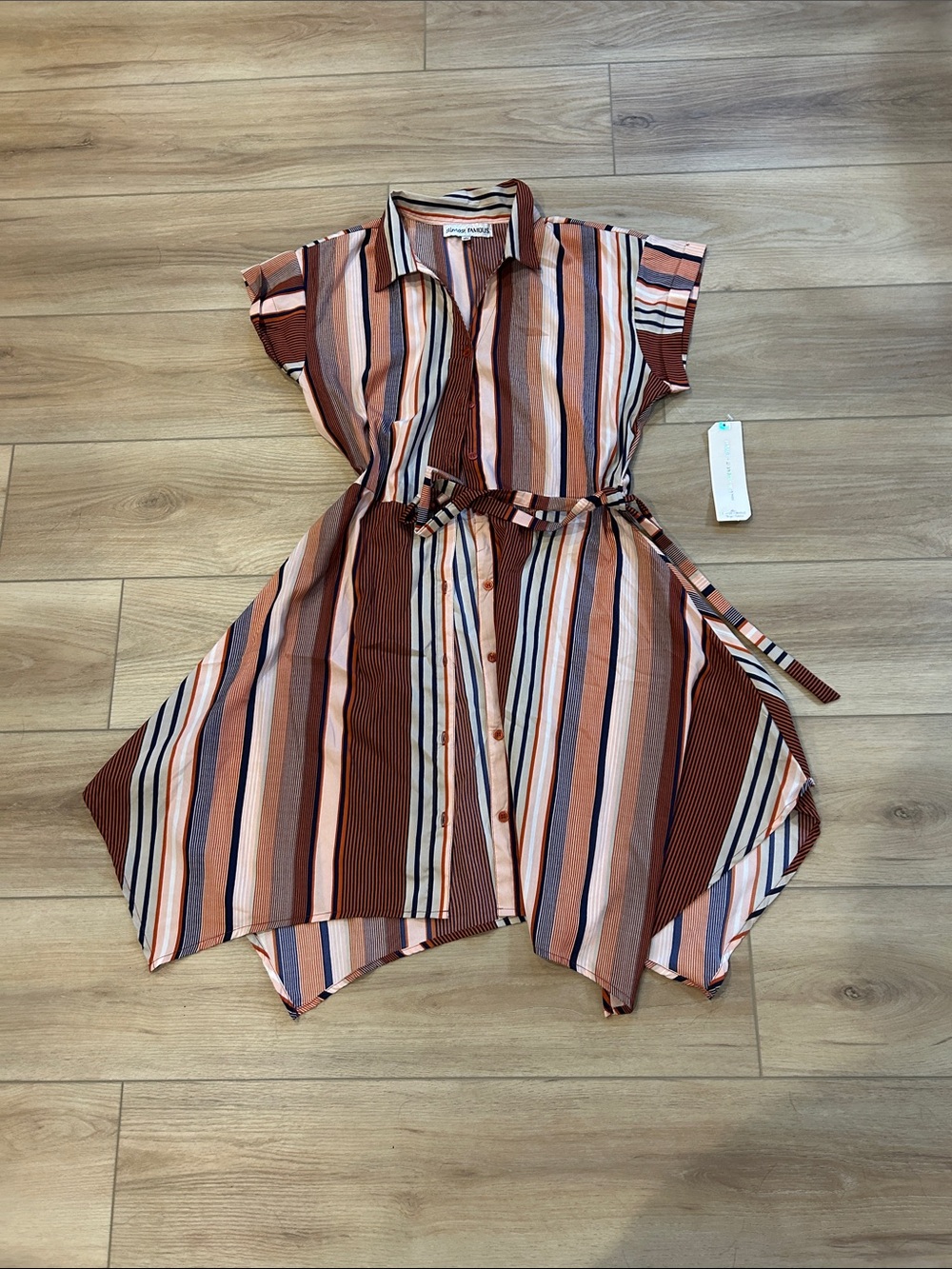 NWT Almost Famous Multi-Striped High-Low Shirt Dress - Rust Pink Blue size L